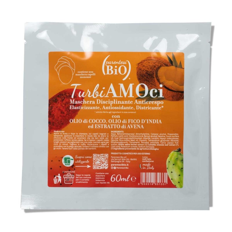 TURBIAMOCI – MASCHERA CAPELLI MONOUSO DISCIPLINANTE ANTICRESPO, ELASTICIZZANTE, ANTIOSSIDANTE – PARENTESI BIO