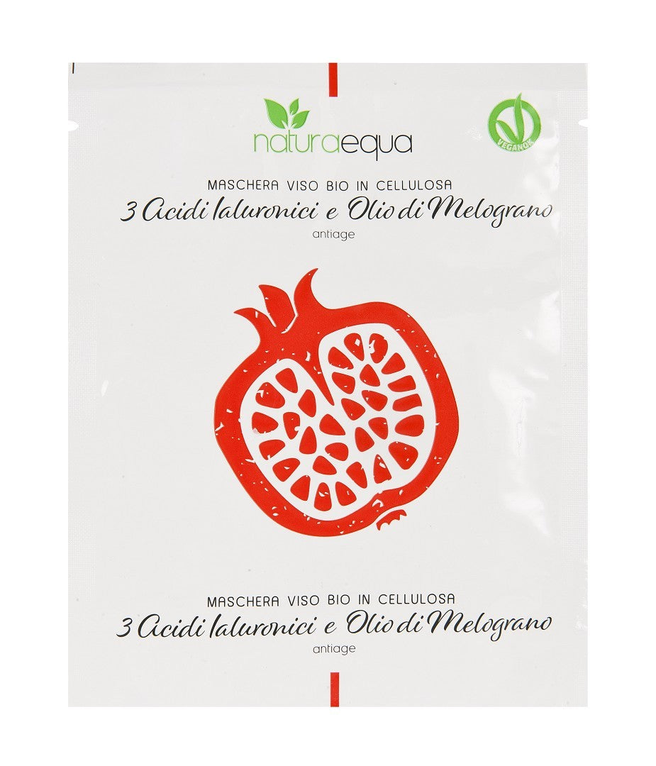 MASCHERA VISO ANTIAGE IN CELLULOSA AI 3 ACIDI IALURONICI E OLIO DI MELOGRANO - NATURAEQUA