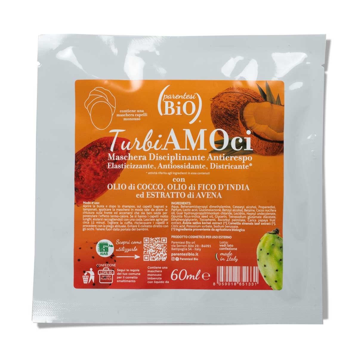 TURBIAMOCI – MASCHERA CAPELLI MONOUSO DISCIPLINANTE ANTICRESPO, ELASTICIZZANTE, ANTIOSSIDANTE – PARENTESI BIO